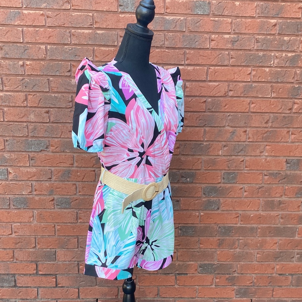 NWT Floral Wrap Romper in Pink, Aqua & Black L - Picture 8 of 14